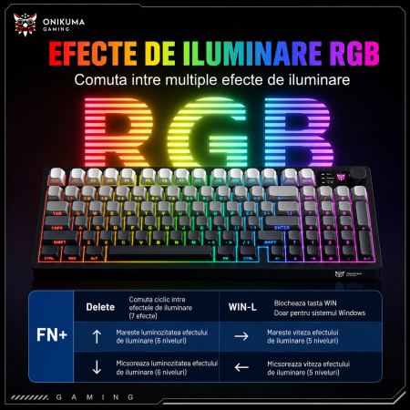 Tastatură Gaming Wireless ONIKUMA MT902, 95 Taste, Tri-Mode (Bluetooth + 2.4GHz + USB-C), RGB, Membrană Silențioasă, Buton Multimedia, Acumulator 2000mAh, Negru [3]