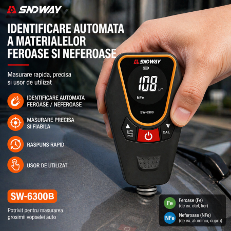 Tester grosime vopsea SNDWAY SW-6300B, 0-1700µm, pentru metal Fe/NFe, ecran LCD, baterie Li-ion 850mAh, USB-C [5]