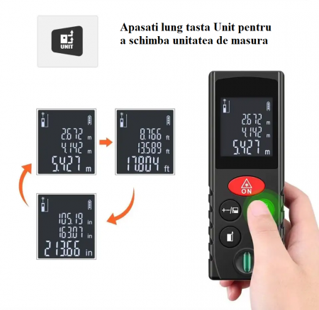 Telemetru profesional D40 gama MINI functii multiple, 5 cm-40 m, distanta, aria, volum, pitagora, 99 memorii, toleranta 2 mm [2]