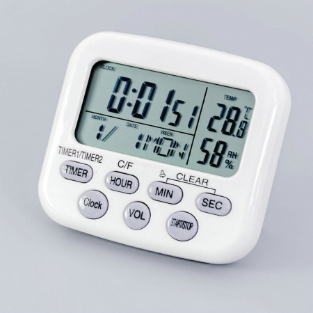 Termohigrometre - Temporizator multifunctional cu ceas, data, cronometru, temperatura, umiditate, stopwatch, culoare alb, model 001