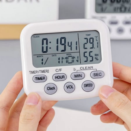 Temporizator multifunctional cu ceas, data, cronometru, temperatura, umiditate, stopwatch, culoare alb, model 001 [2]