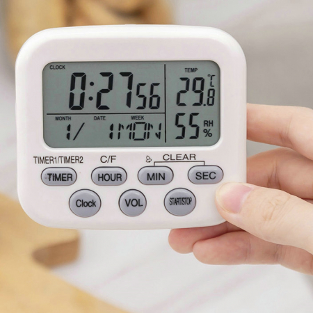 Temporizator multifunctional cu ceas, data, cronometru, temperatura, umiditate, stopwatch, culoare alb, model 001 [1]