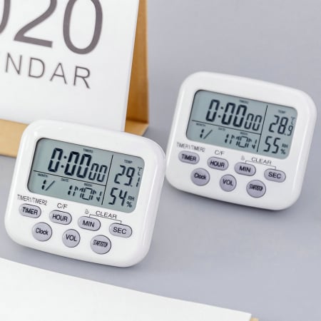 Temporizator multifunctional cu ceas, data, cronometru, temperatura, umiditate, stopwatch, culoare alb, model 001 [3]