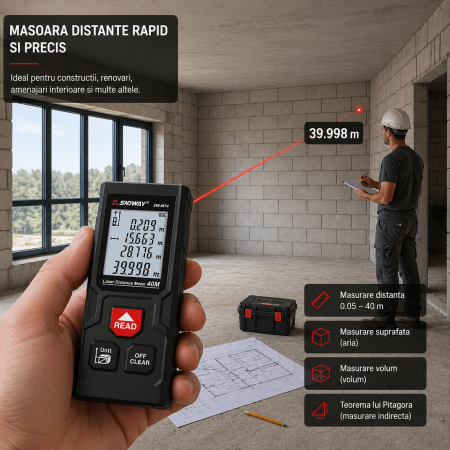 Telemetru Laser SNDWAY SW-MT4, 40m, Precizie ±2mm/m, Display LCD Iluminat, Masurare Distanta/Suprafata/Volum, Functie Pitagora, IP54 [8]