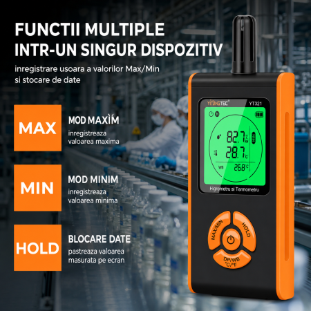 Termohigrometru digital profesional YITANGTEC YT321, temperatura, umiditate, punct de roua, temperatura bulb umed, MAX/MIN, HOLD, ecran LCD color [6]