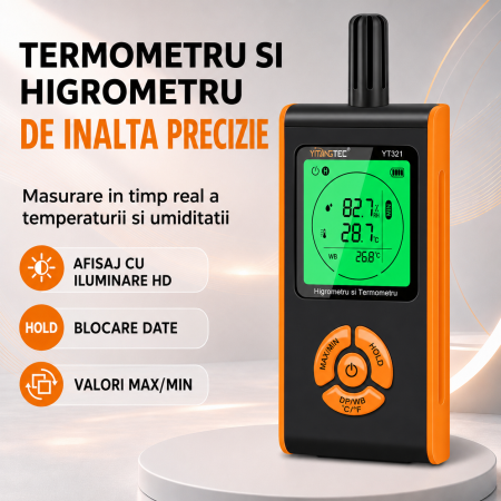 Termohigrometru digital profesional YITANGTEC YT321, temperatura, umiditate, punct de roua, temperatura bulb umed, MAX/MIN, HOLD, ecran LCD color [5]