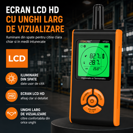 Termohigrometru digital profesional YITANGTEC YT321, temperatura, umiditate, punct de roua, temperatura bulb umed, MAX/MIN, HOLD, ecran LCD color [8]
