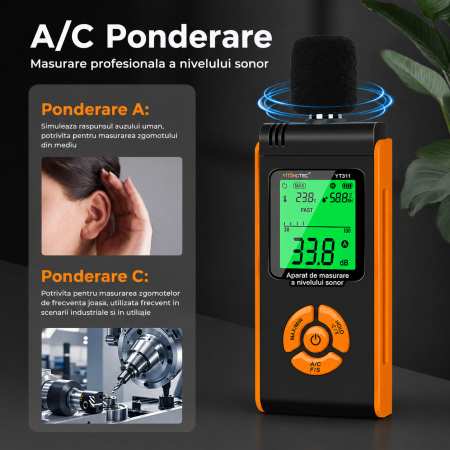 Sonometru digital profesional YITANGTEC YT311, 30-130 dB, ponderare A/C, FAST/SLOW, temperatura si umiditate, ecran color, functie MAX/MIN, HOLD [8]
