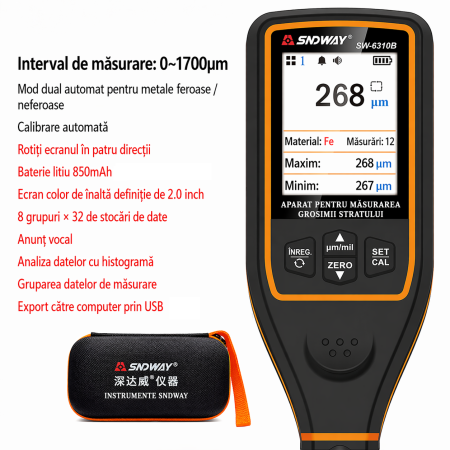 Tester grosime vopsea SNDWAY SW-6310B, 0-1700μm, ecran color 2", USB-C, memorie 8 grupuri, auto & industrial [5]