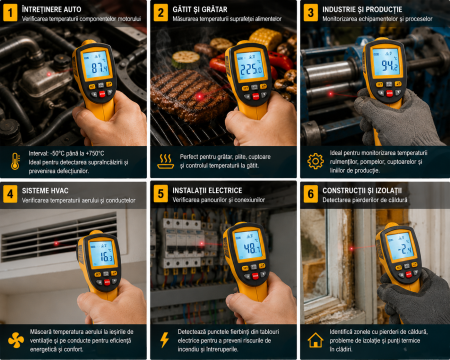 Termometru industrial cu laser tip pistol, fara contact, interval -50°C pana la +750°C, afisaj luminat, pirometru, portocaliu negru - Optimus AT [7]