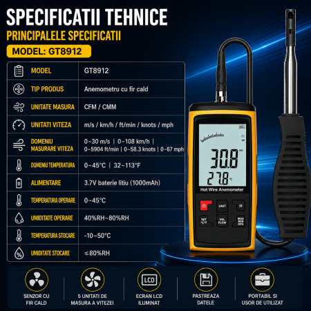 Anemometru digital profesional cu fir cald Optimus AT GT8912, masurare viteza vant, debit aer si temperatura, sonda telescopica, LCD iluminat [7]