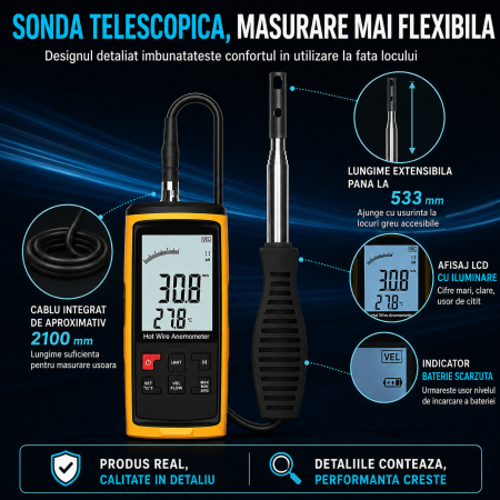 Anemometru digital profesional cu fir cald Optimus AT GT8912, masurare viteza vant, debit aer si temperatura, sonda telescopica, LCD iluminat [4]