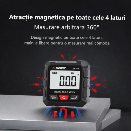Goniometru digital SNDWAY SW-101A, inclinometru magnetic profesional, precizie ±0.2°, rezolutie 0.05°, afisaj LCD rotativ, incarcare USB-C [13]