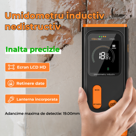 Umidometru digital inductiv YITANGTEC YT301, fara pini, pentru lemn, zidarie si pereti, LCD iluminat, alarma umiditate, adancime detectie 19 mm [15]