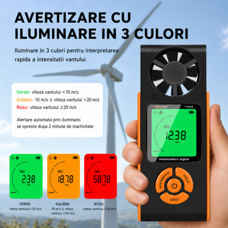 Anemometru digital YITANGTEC YT331, masurare viteza vantului, temperatura si umiditate, ecran LCD color, functii MAX/MIN/AVG, Data Hold, 0.7-30 m/s [8]