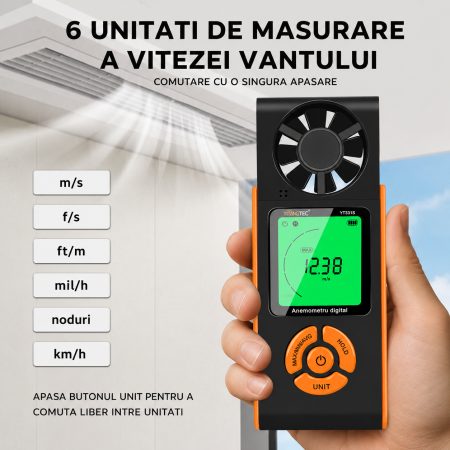 Anemometru digital YITANGTEC YT331, masurare viteza vantului, temperatura si umiditate, ecran LCD color, functii MAX/MIN/AVG, Data Hold, 0.7-30 m/s [6]