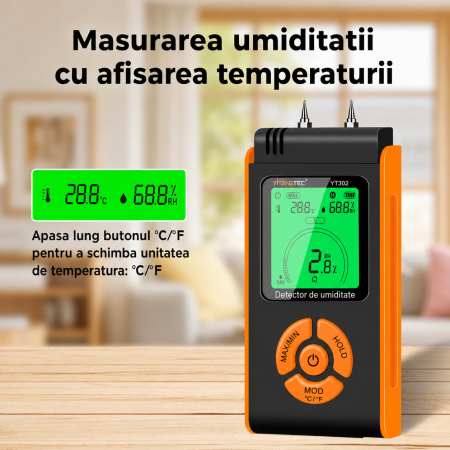 Umidometru profesional Yitangtec YT302 cu pini, temperatura, umiditate, afisaj color LCD, 7 categorii materiale, MAX/MIN, HOLD [10]