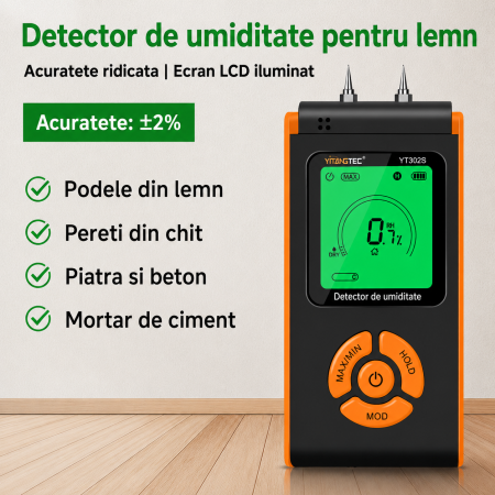 Umidometru profesional Yitangtec YT302S cu pini, afisaj color LCD, 7 categorii materiale, MAX/MIN, HOLD [6]