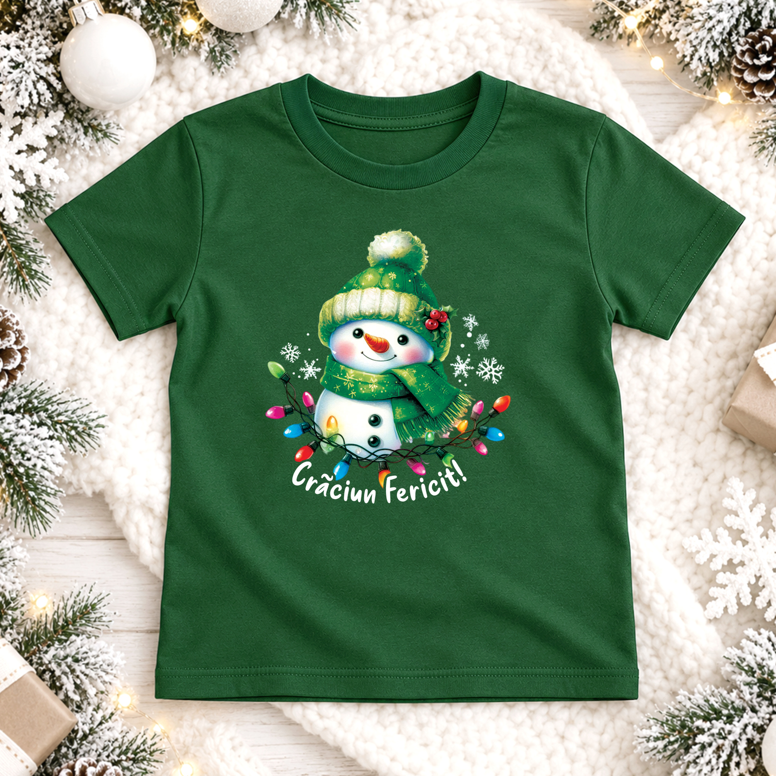 Craciun - Tricou Copil Simpaticul Frosty — verde, vedere frontală
