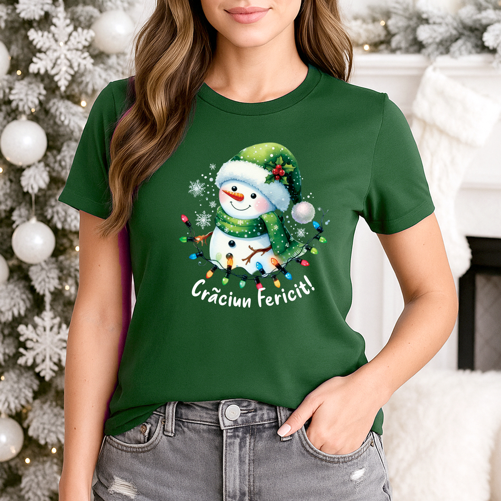 Craciun - Tricou Dama Simpaticul Frosty — verde, vedere frontală