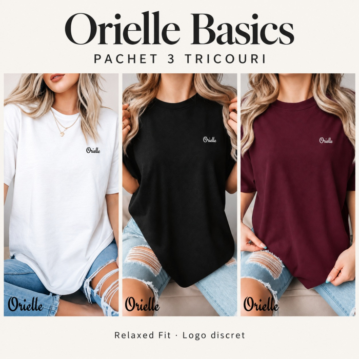 Pachet de 3 tricouri Orielle Basics: alb pe model, negru și burgundy pliate alături. Culori ilustrative. [2]