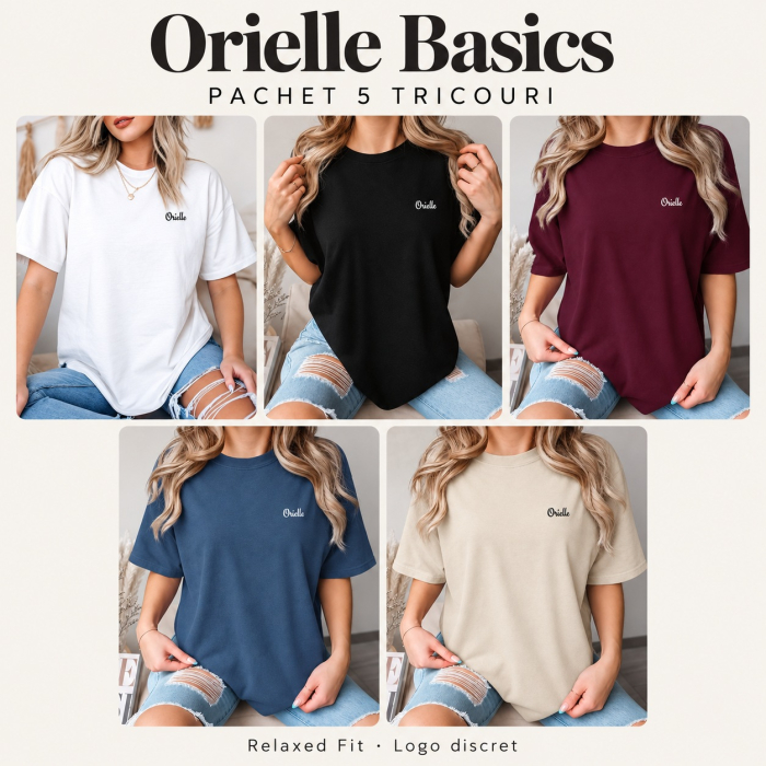 Pachet de 5 tricouri Orielle Basics: burgundy pe model și patru tricouri pliate, alb, negru, denim și nude. Culori ilustrative. [2]