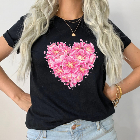Heart - Tricou Negru Pink Bouquet Heart