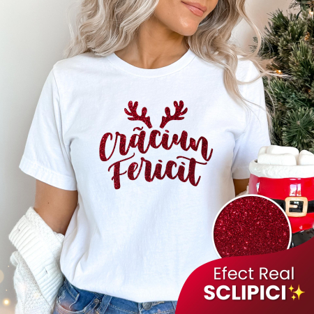 Craciun - Tricou Sclipici Roșu Crăciun Festiv