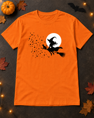 Halloween - Tricou Unisex Halloween Vrăjitoare cu pisică – Portocaliu