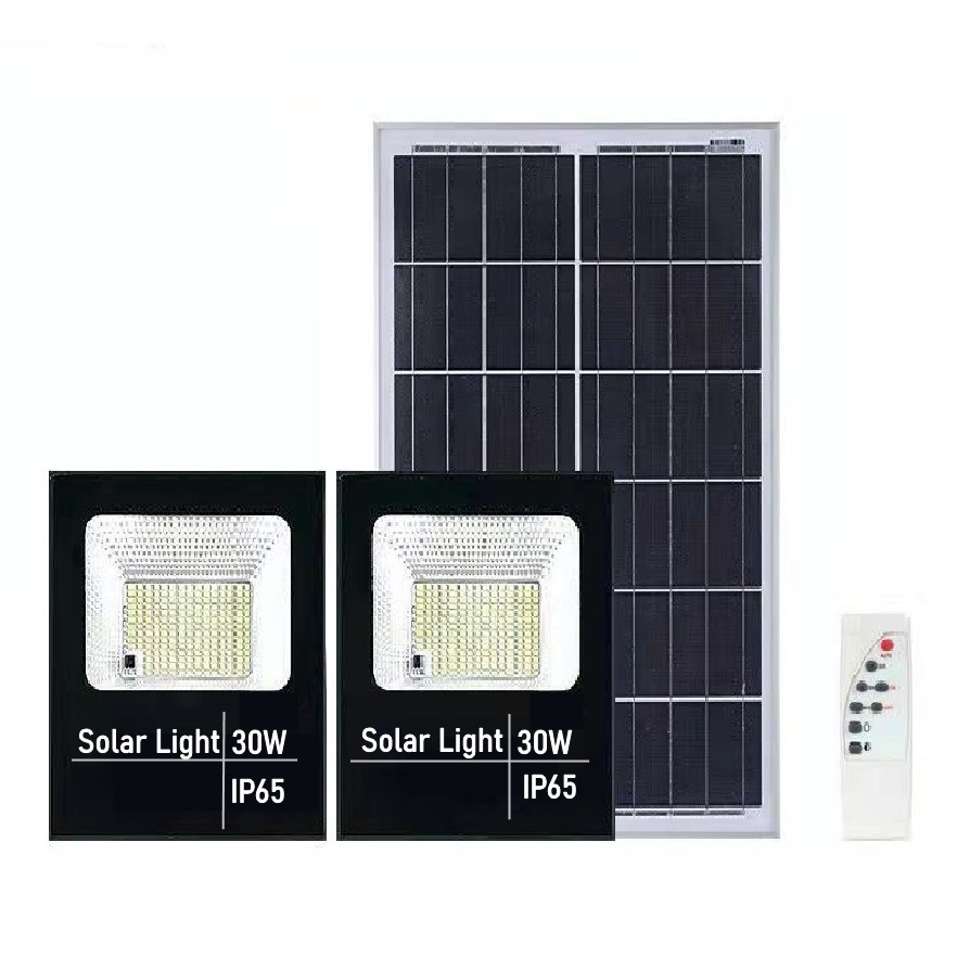 Lampi solare - Set 2 proiectoare LED SMD 30W cu incarcare solara , panou solar, cu telecomanda, suport prindere, material ABS, 1.2AH, 200LED-uri, 13x13.5 cm, negru