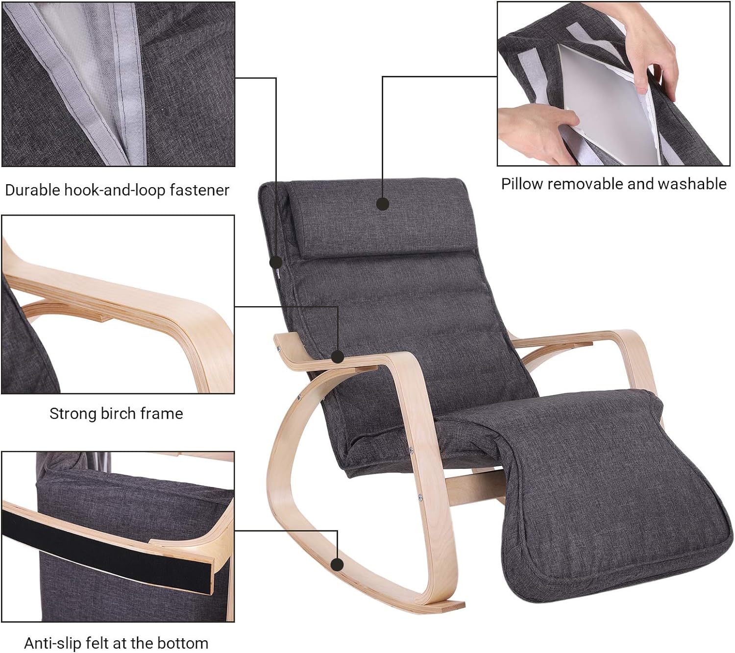 SONGMICS Scaun balansoar din lemn, suport picioare reglabil, maxim 150kg, 67x115x91cm, gri inchis [5]