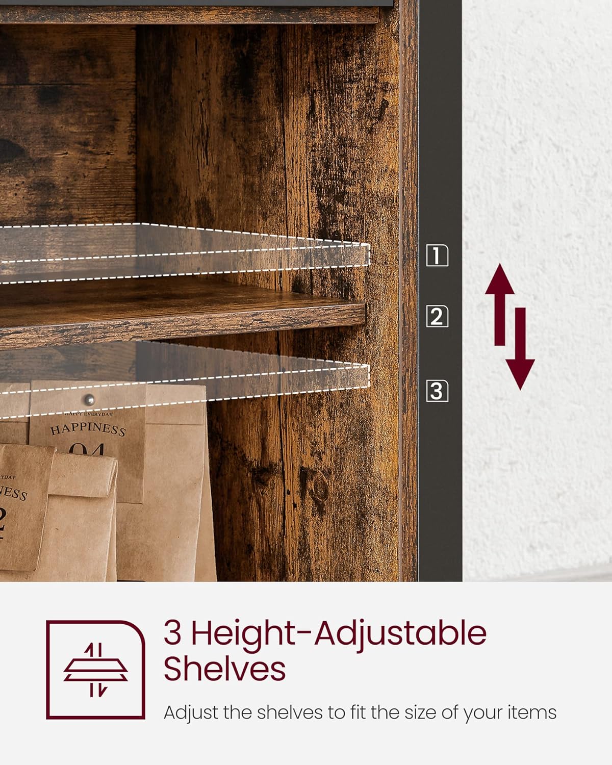 VASAGLE Comoda pentru living sau bucatarie, cu 2 usi glisante, rafturi reglabile, stil rustic, 33x100x80cm, maro si negru [4]