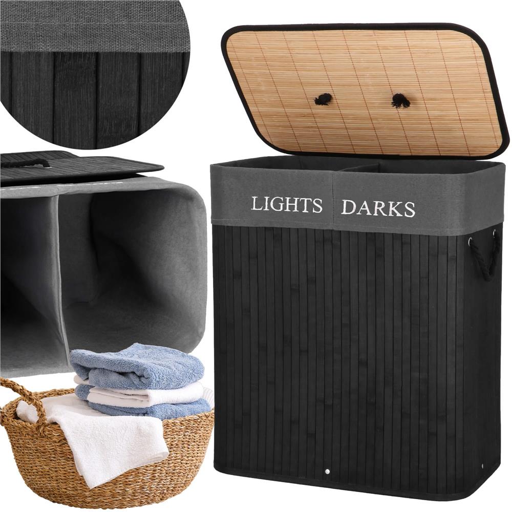 Cos de rufe din bambus cu capac, 2 compartimente, sac detasabil, volum 100L, 54x34x60cm, negru [6]