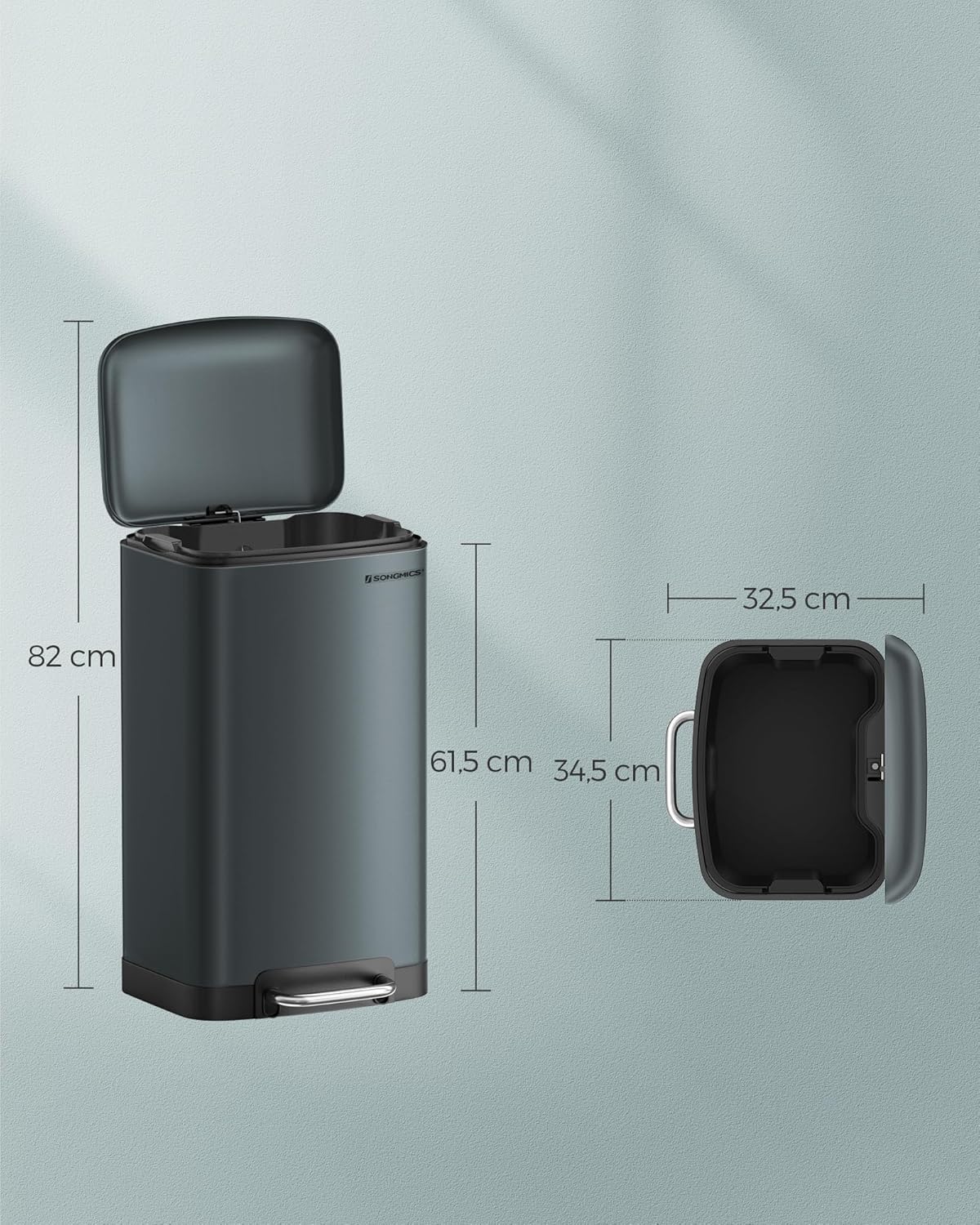 SONGMICS Cos de gunoi 34x25x61 cm, 30L, cu pedala, capac soft-close si galeata detasabila, verde-gri [5]