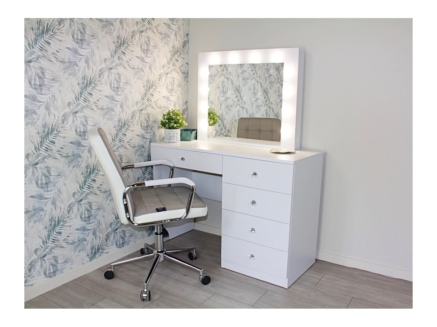 Masa de toaleta si machiaj Cristal 12 LED cu oglinda si 5 sertare, 110x47x77 cm, alb [5]