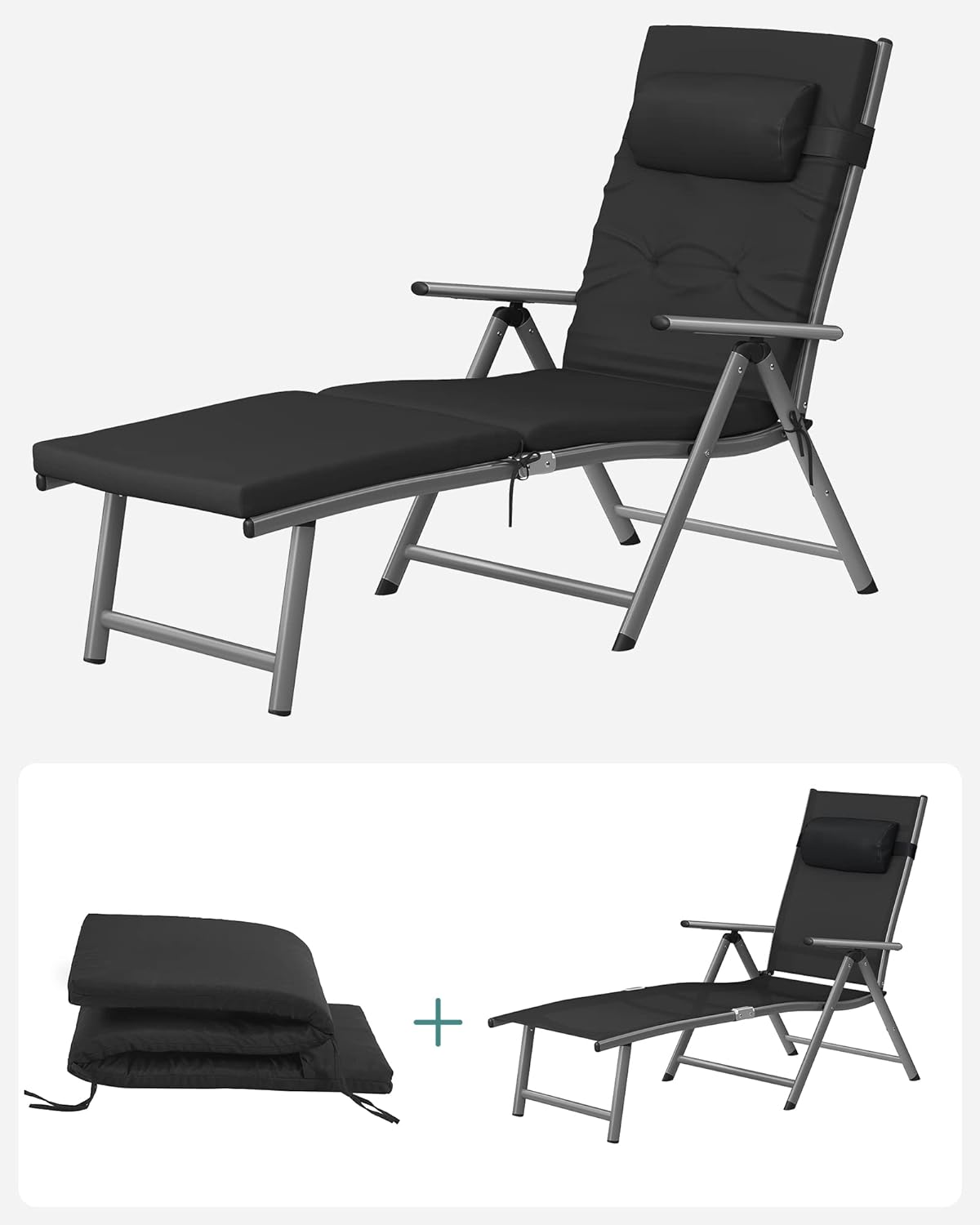 SONGMICS Sezlong pliabil, cu saltea groasa si tetiera, spatar reglabil, maxim 150kg, 183x60x39cm, negru [6]