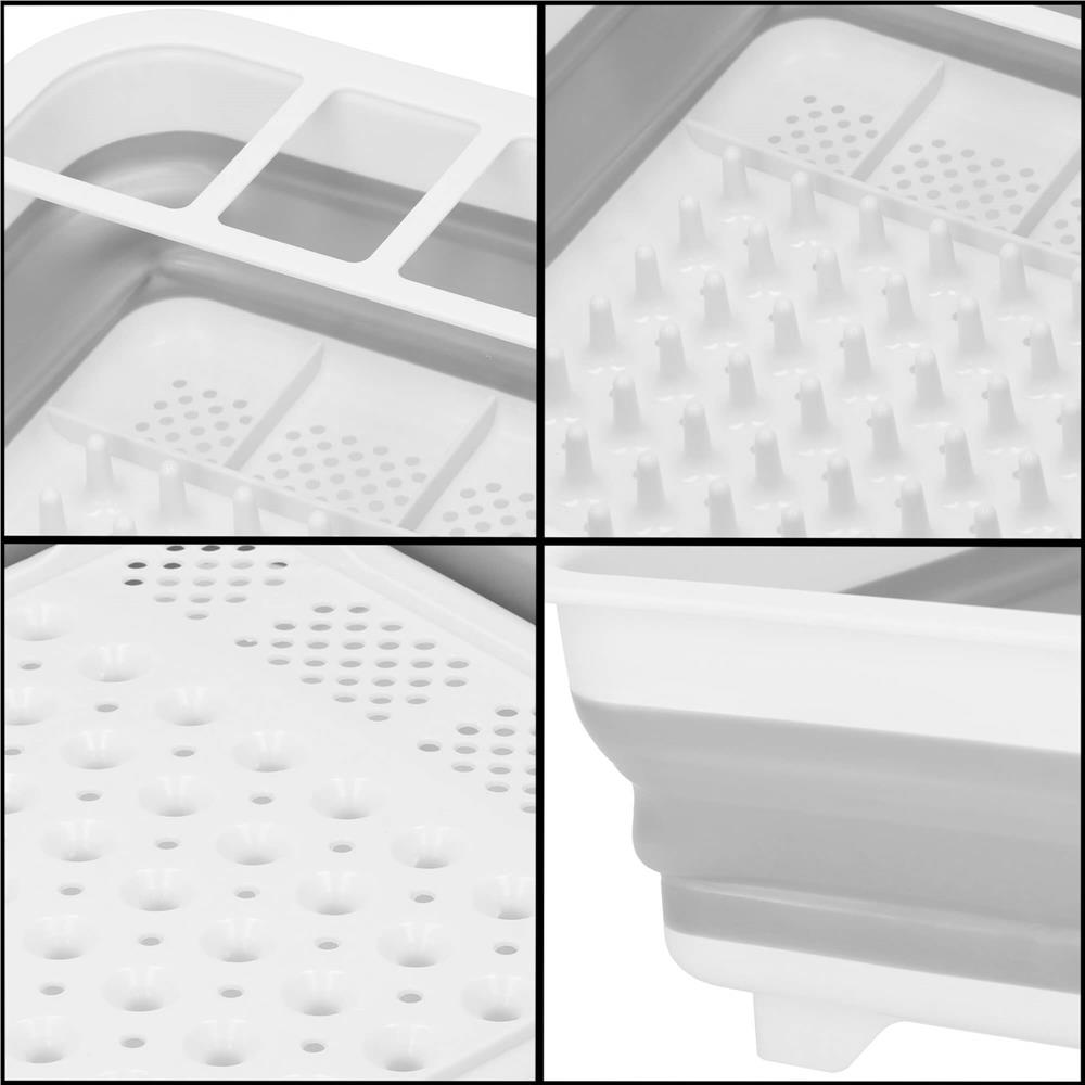 Uscator de vase pliabil, din pastic si silicon, 36x31x12cm, suport tacamuri, alb si gri [6]
