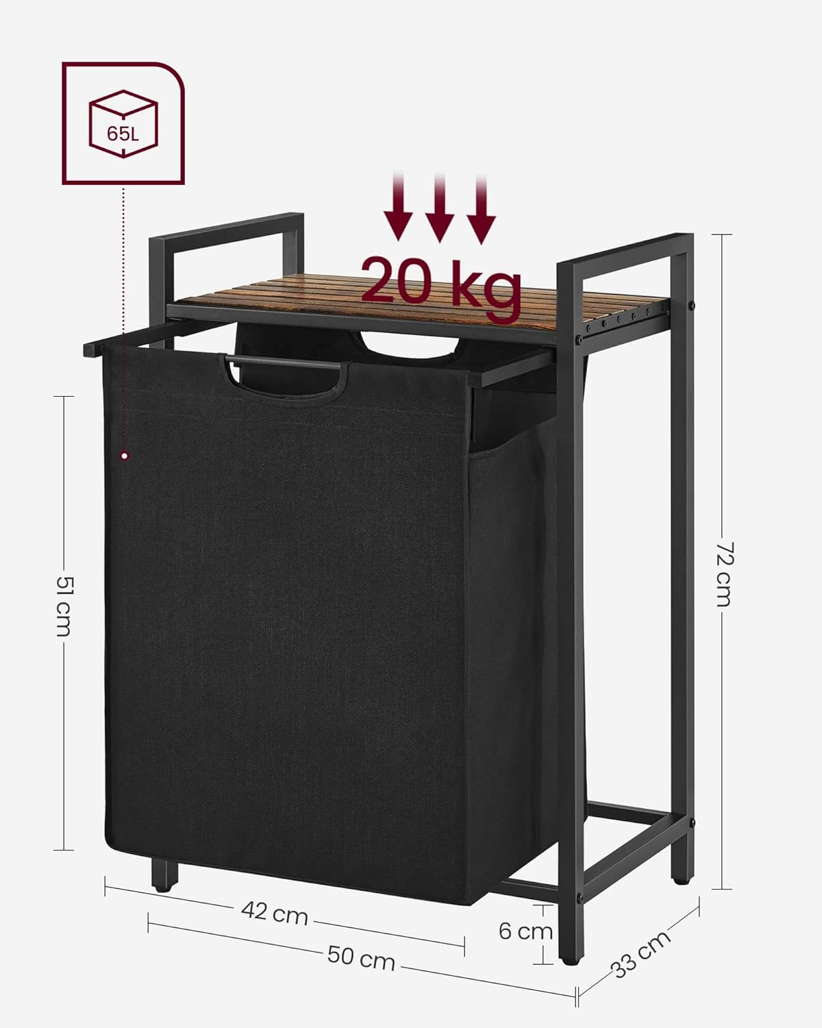 VASAGLE Cos de rufe, sac de rufe detasabil, raft, cadru metalic, 65L, 50x33x72 cm, maro rustic si negru [6]