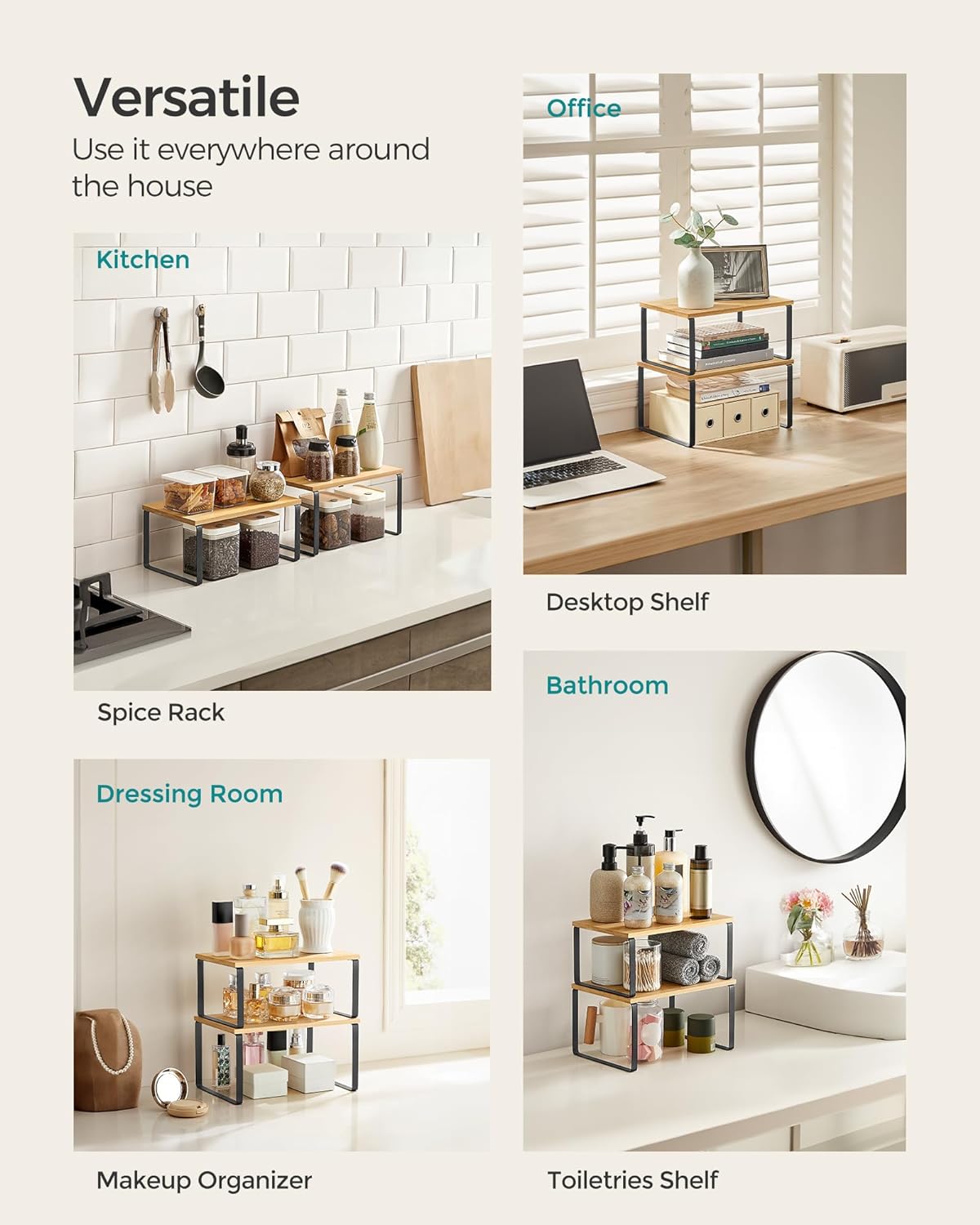 SONGMICS Set 2 rafturi de bucatarie suprapozabile, pentru ustensile sau condimente, 20x30x16cm, natur si negru [6]