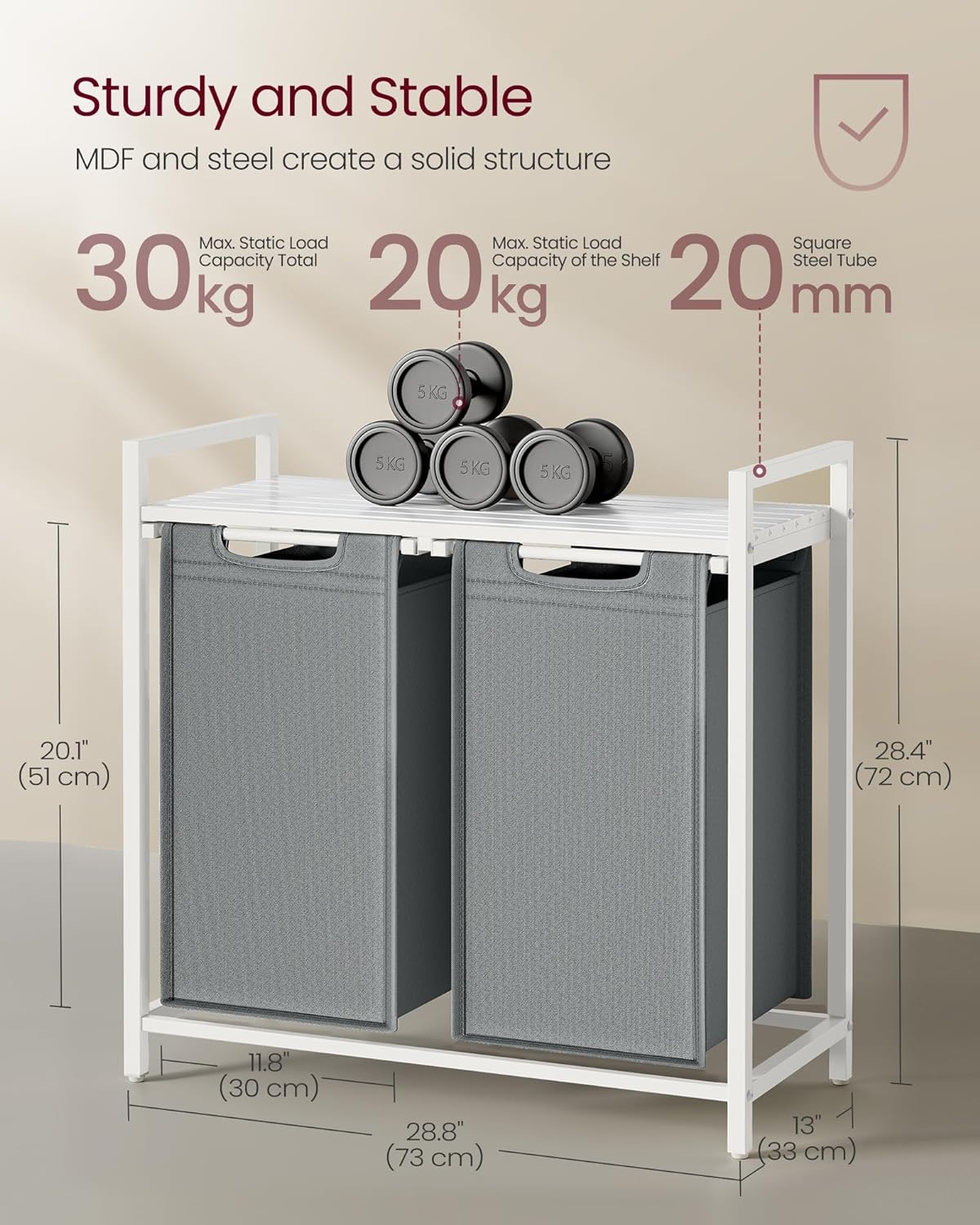 VASAGLE Cos de rufe, 2 compartimente, saci de rufe detasabili, raft, cadru metalic, 2x46L, 73x33x72 cm, alb si gri deschis [6]