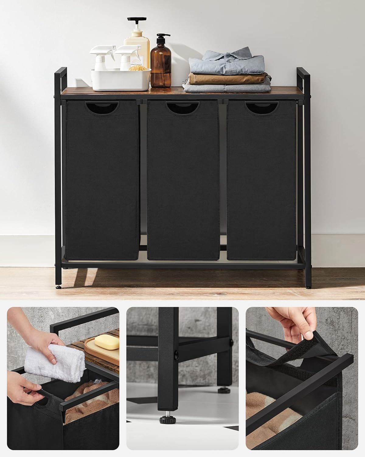 VASAGLE Cos de rufe, 3 compartimente, saci de rufe detasabili, raft, cadru metalic, 3x38L, 93x33x72 cm, maro rustic si negru [6]