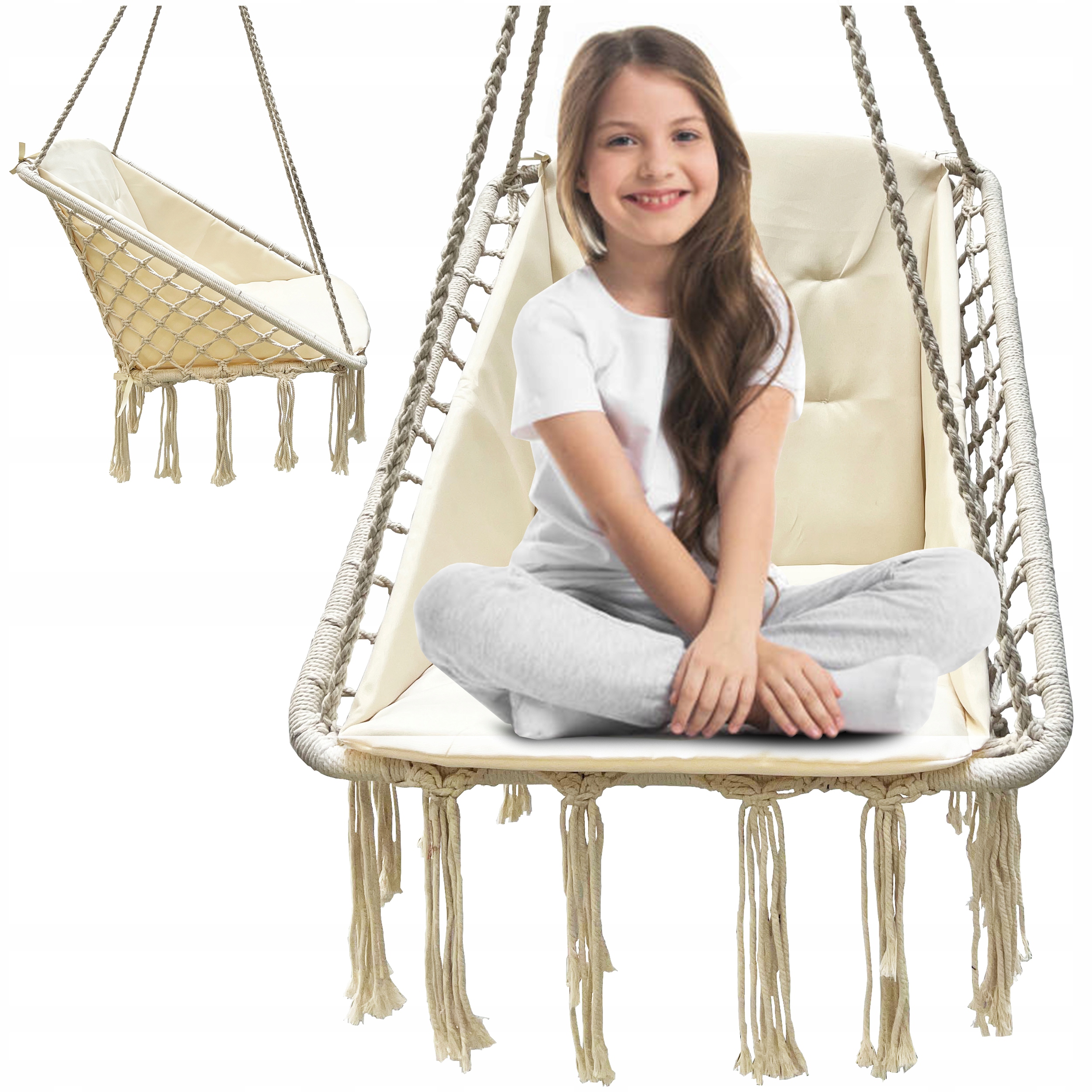 Scaun patrat tip leagan suspendat cu perna pentru casa sau gradina, 60x65x115cm, bej [6]