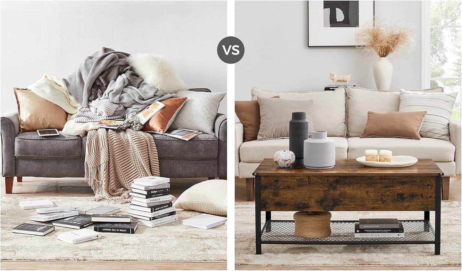 VASAGLE Masuta de cafea cu capac rabatabil, compartiment depozitare ascuns si raft plasa, industrial, 100x55x47cm, maro rustic si negru [6]