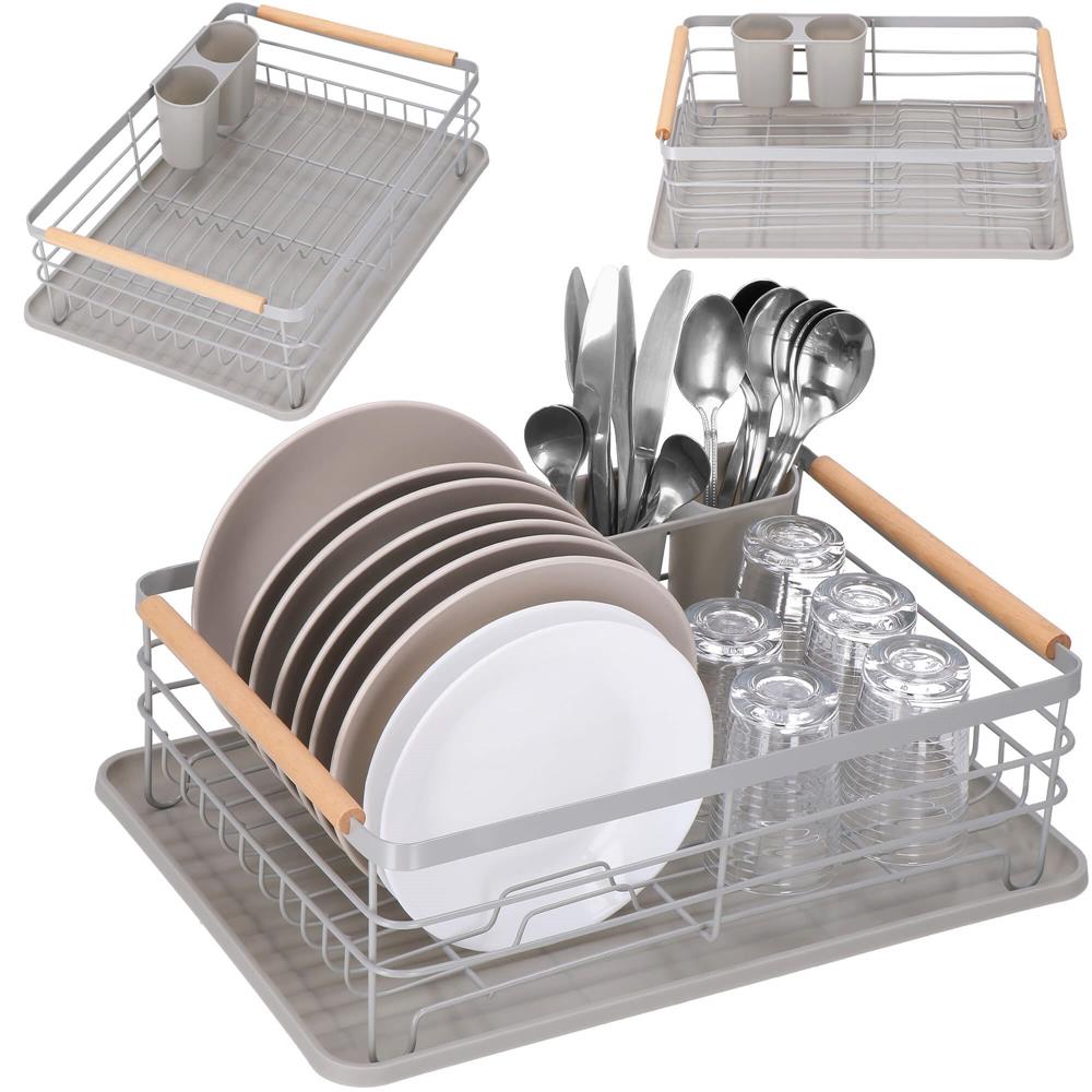 Uscator de vase cu suport tacamuri, din otel, cu tava de scurgere, manere lemn, 42x32x15cm, gri [7]