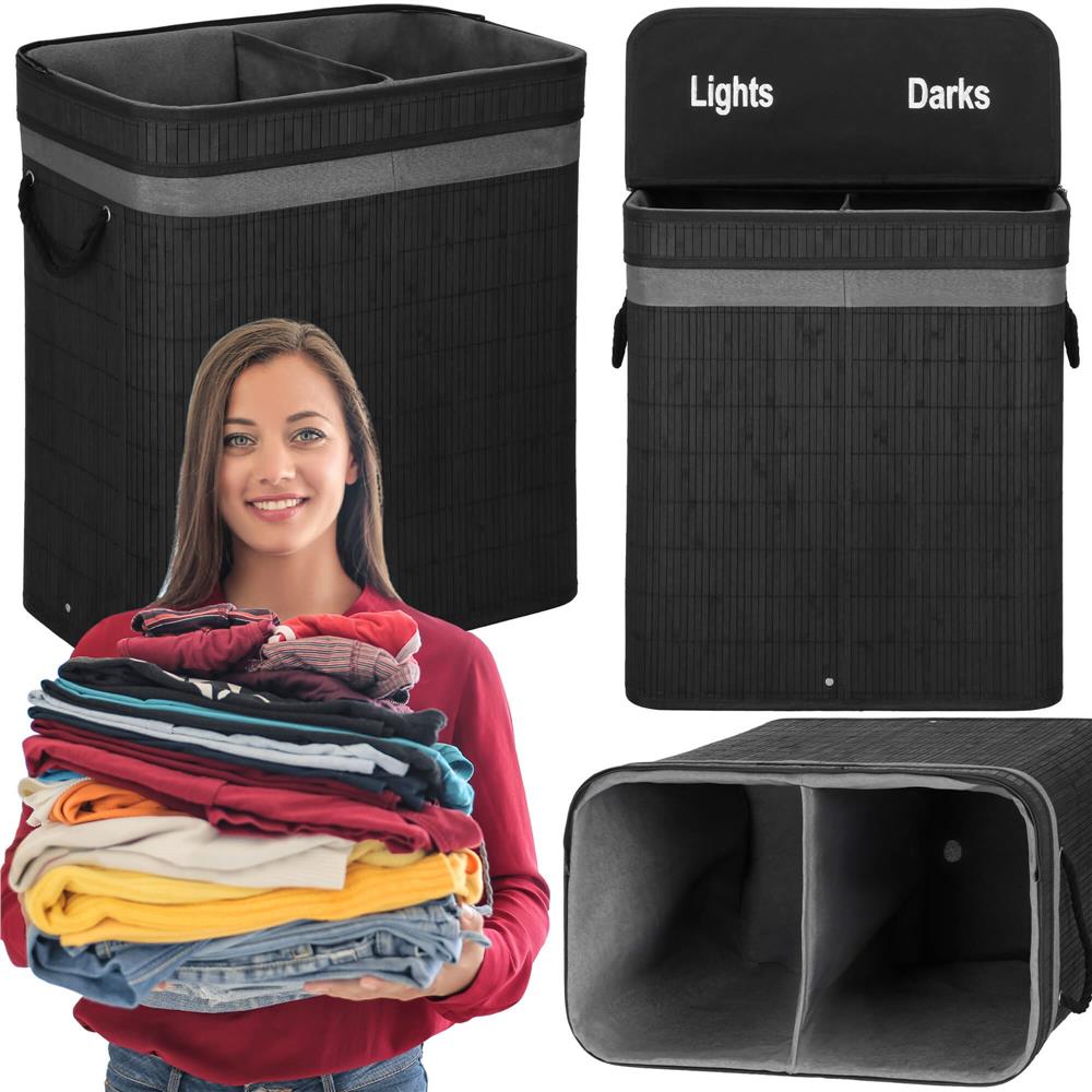 Cos de rufe din bambus cu capac, 2 compartimente, sac detasabil, volum 100L, 54x35x60cm, negru [7]
