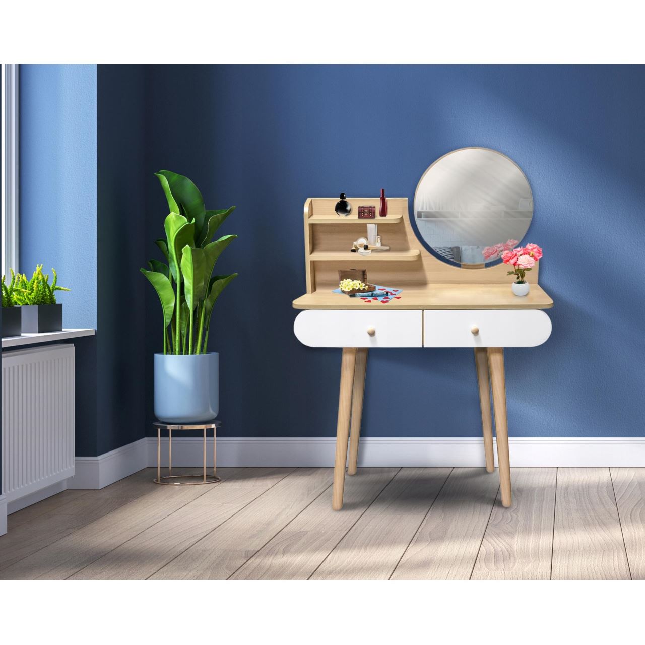 Masa de toaleta si machiaj Ravena, alb fag, cu 2 sertare, oglinda, 80x40x122 cm [6]