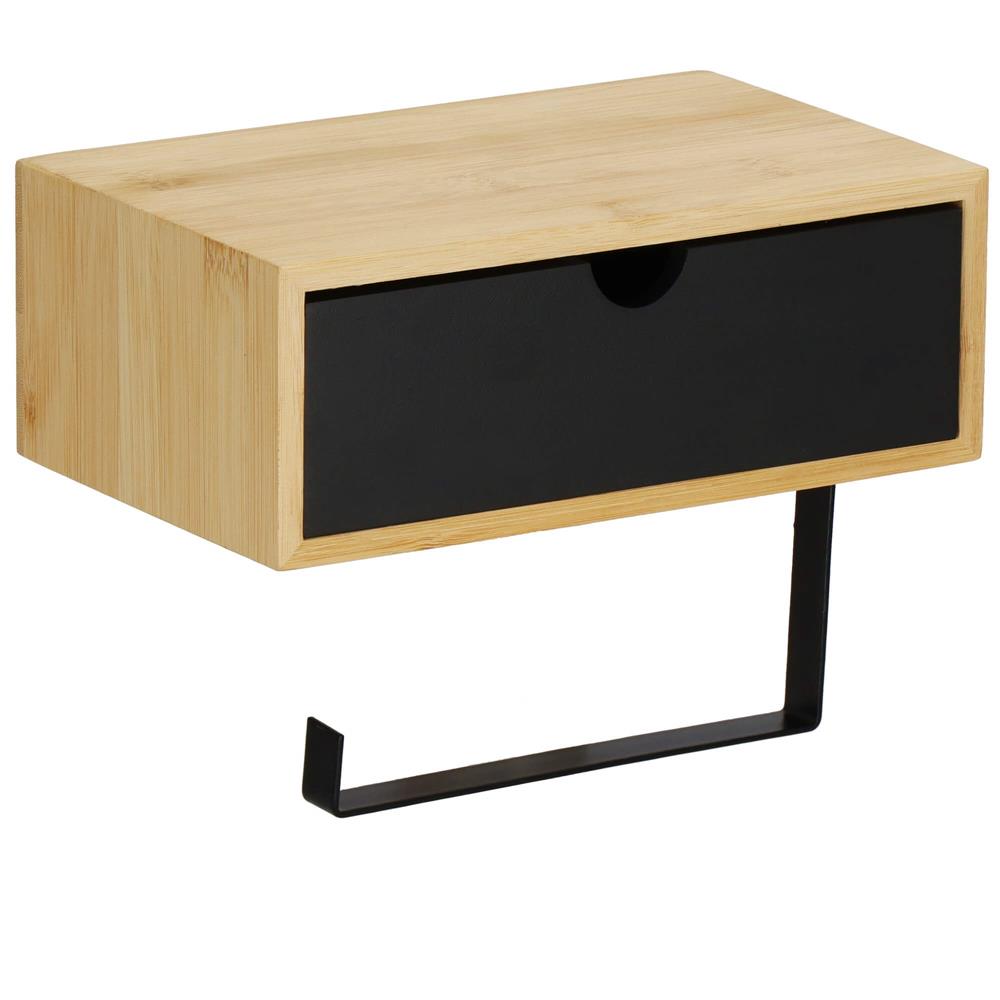 Suport hartie igienica din otel cu sertar depozitare, sistem montare inclus, 22cm, negru bej [7]