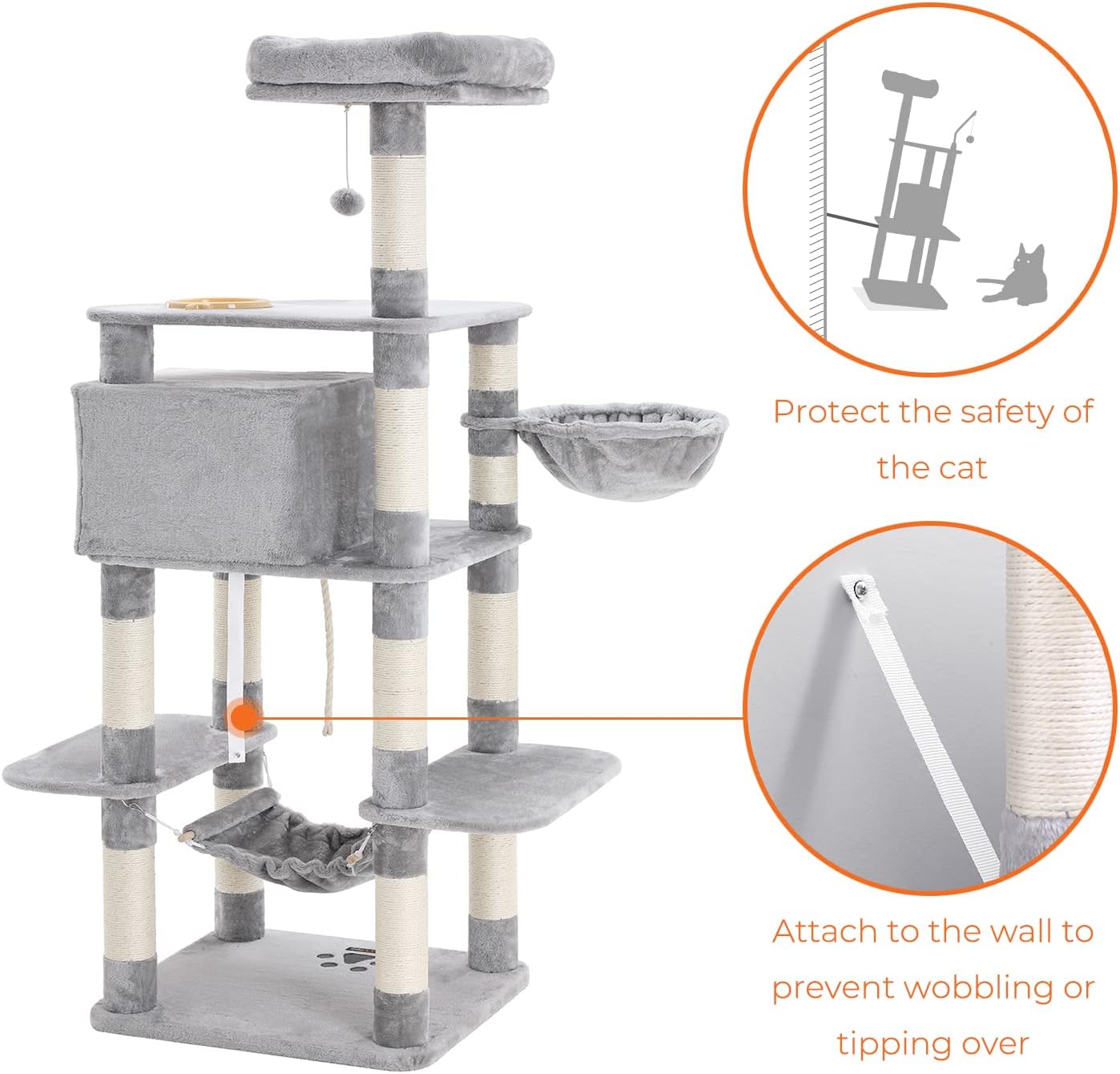 FEANDREA Ansamblu de joaca pentru pisici, tip copac, cu culcus si ascunzatoare, 55x50x164cm, gri deschis [6]