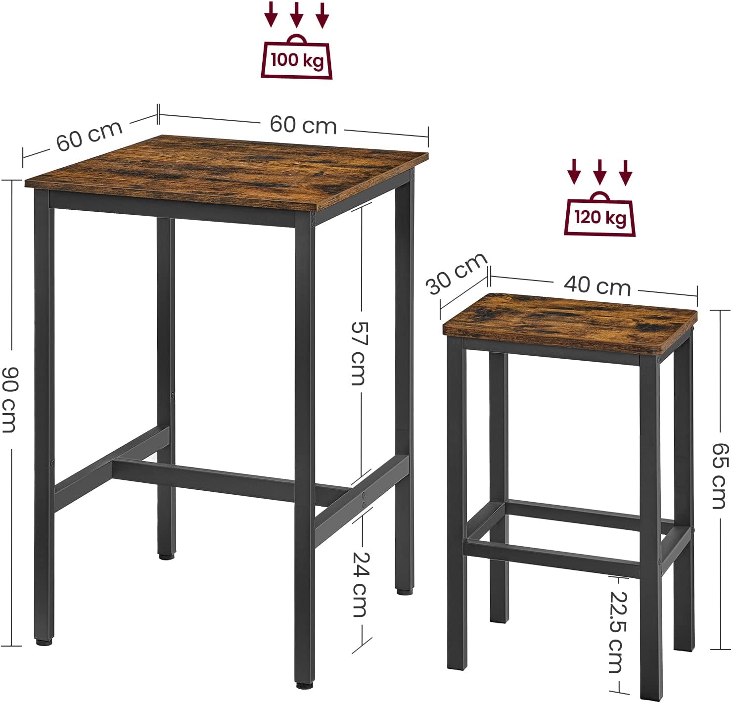 VASAGLE Set masa si scaune de bar, masa 60x60x90cm si 2 scaune 30x40x65cm, stil industrial, maro rustic [6]
