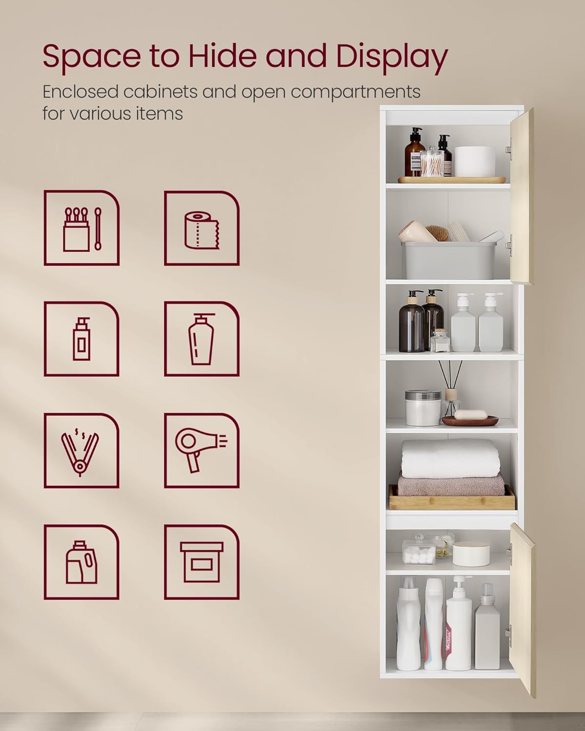 VASAGLE Dulap baie cu montare pe podea sau perete, 7 compartimente, 30x40x160 cm, alb bej [6]